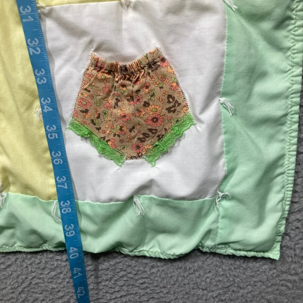 Handmade Vintage Baby Lap Quilt Green Yellow 3D Applique Patchwork Blanket FLAW